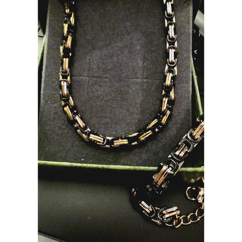 NEW Modern Black Rose Gold Mens 27" Steel Byzantine Chain Necklace Bracelet Set